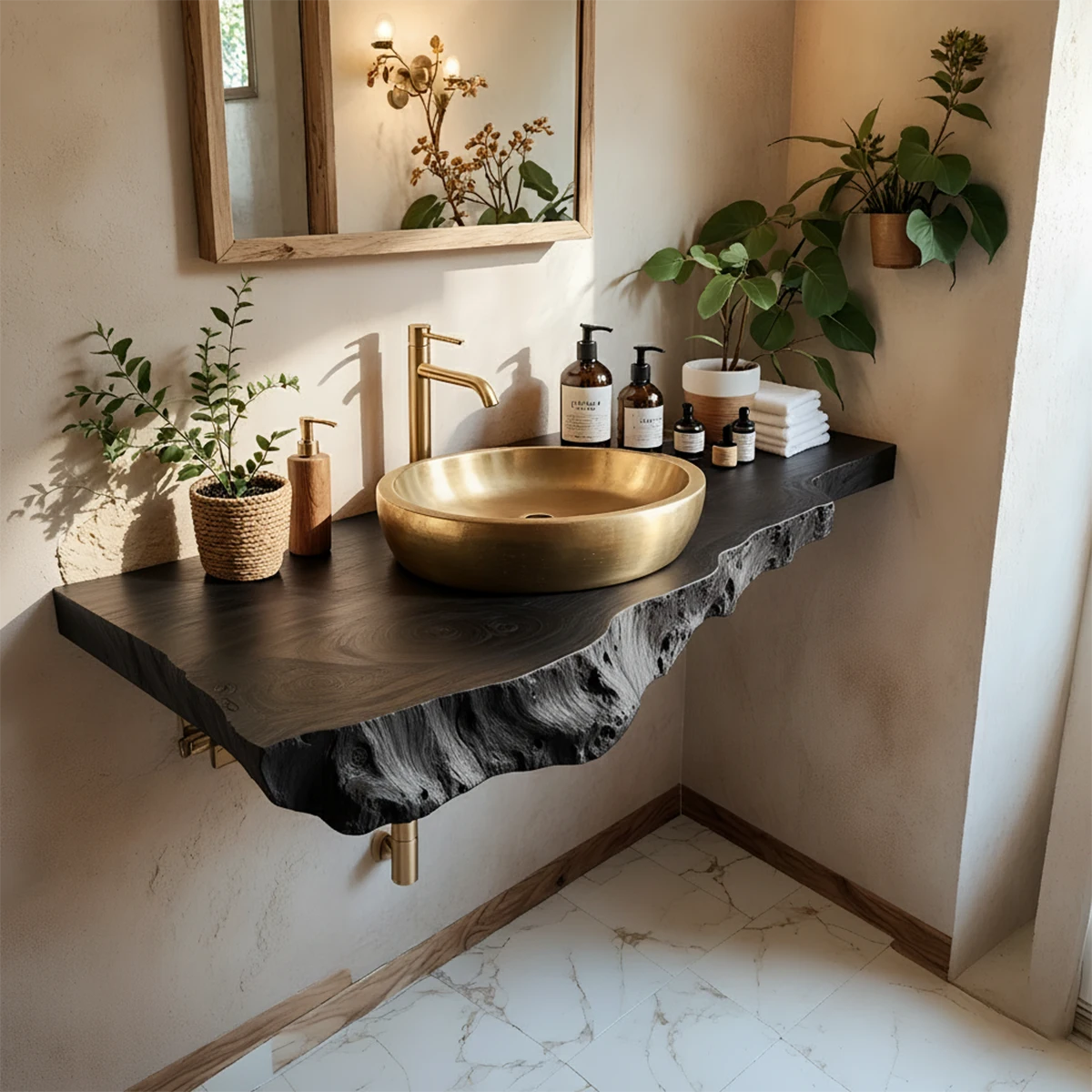 Live Edge Solid Wood Bathroom Vanity Shelf | Organic Natural Design - Rustira