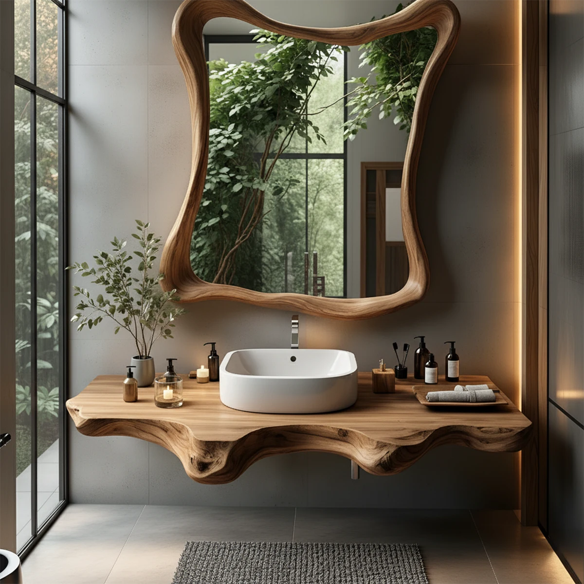 Organic Live Edge Floating Bathroom Vanity with Sculpted Frame Mirror - Rustira