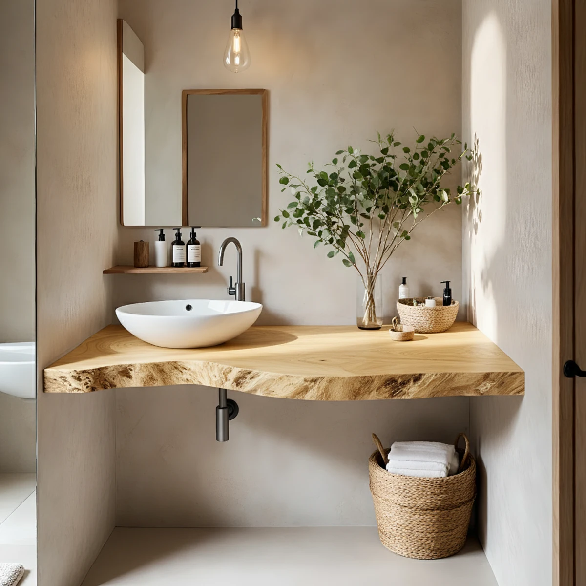 Live Edge Floating Wood Bathroom Vanity Countertop – Minimal Organic Design - Rustira