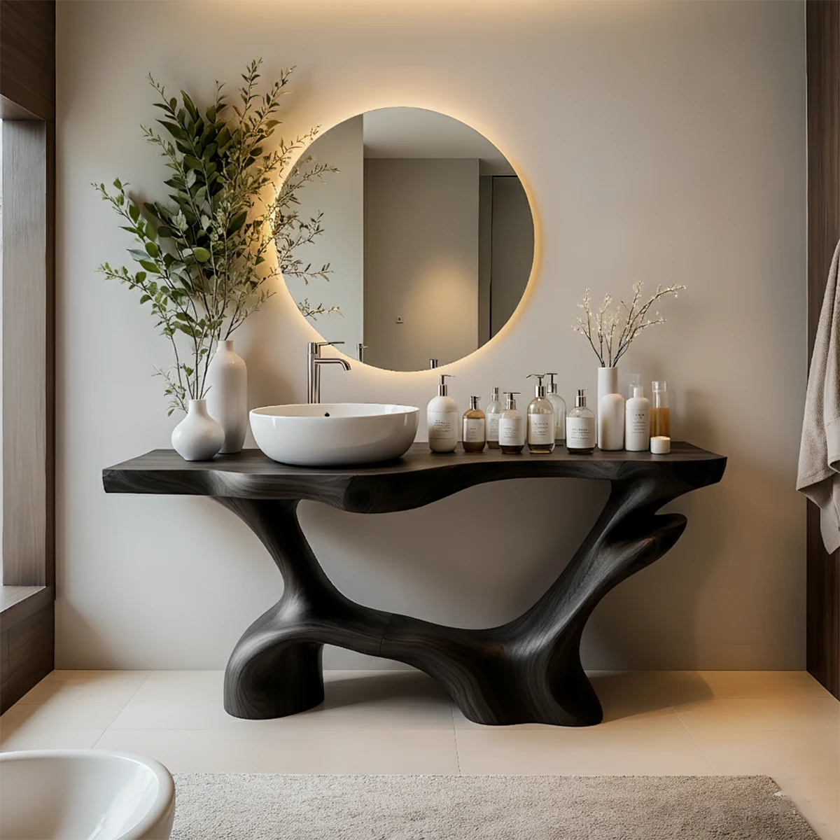 Double-Sculpted Wood Pedestal Vanity – Organic Modern Bathroom Sink Table - Rustira