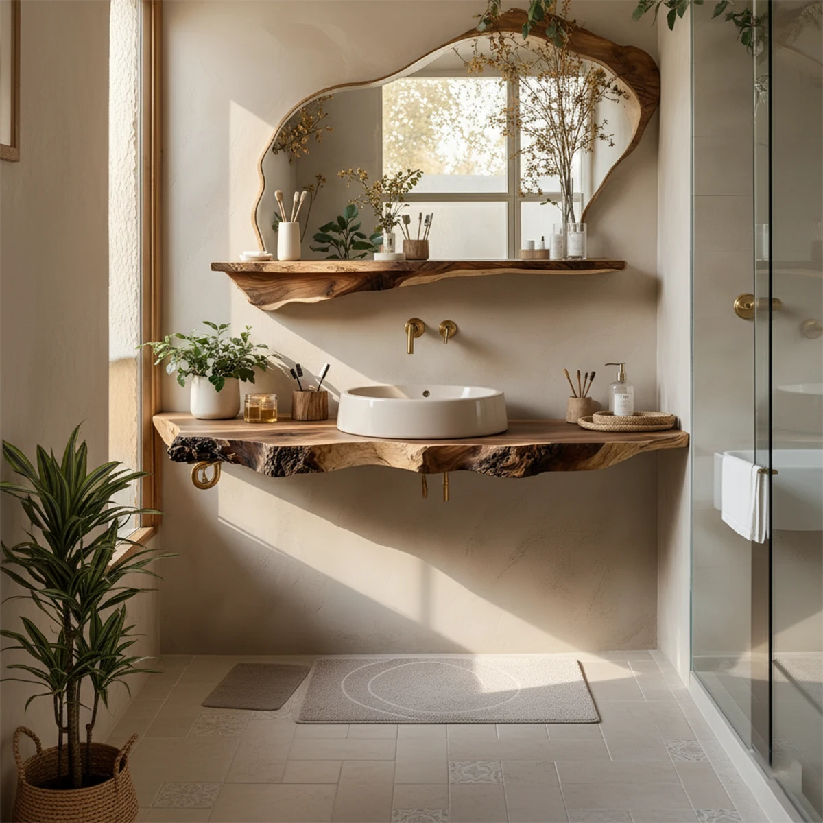 Live Edge Floating Wood Bathroom Vanity with Mirror Shelf - Rustira