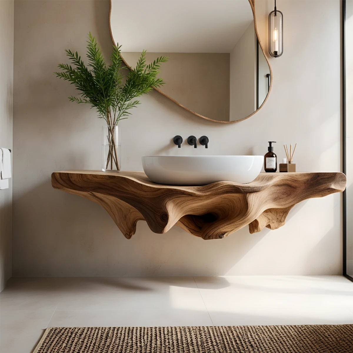 Sculpted Live Edge Floating Wood Bathroom Vanity Shelf - Rustira