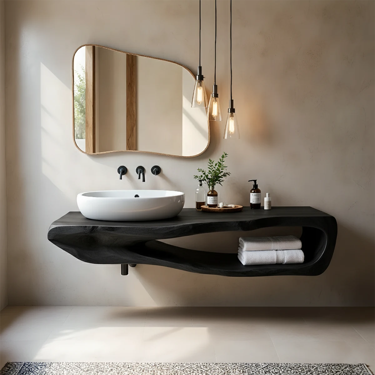 Organic Solid Wood Floating Bathroom Vanity With Open Shelf - Rustira