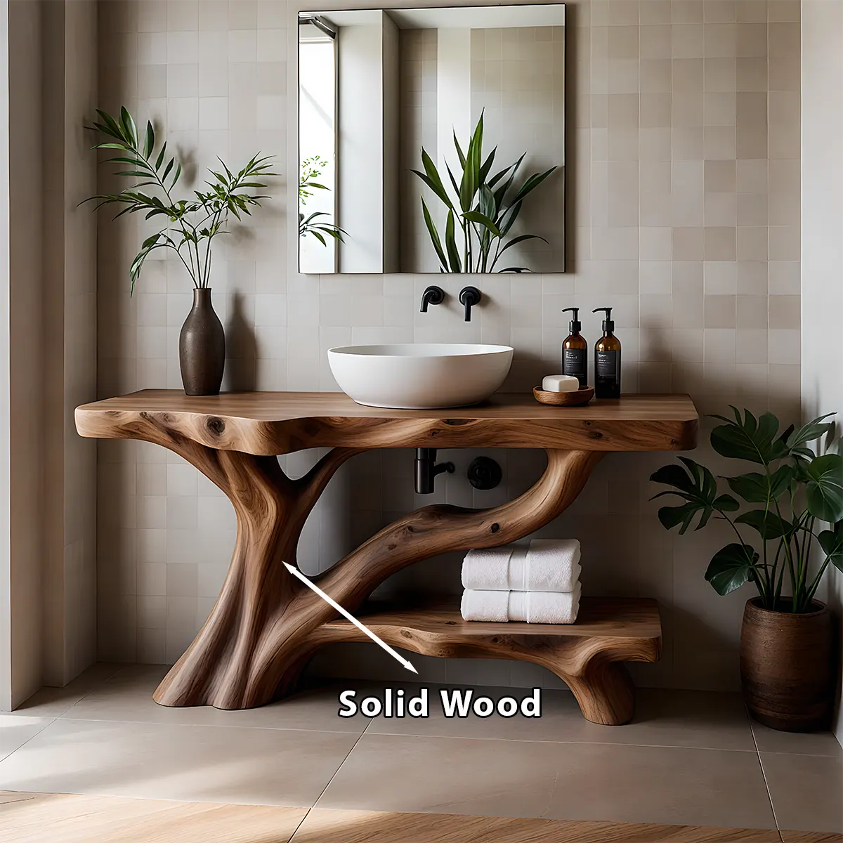 Organic Tree-Inspired Live Edge Solid Wood Bathroom Vanity - Rustira