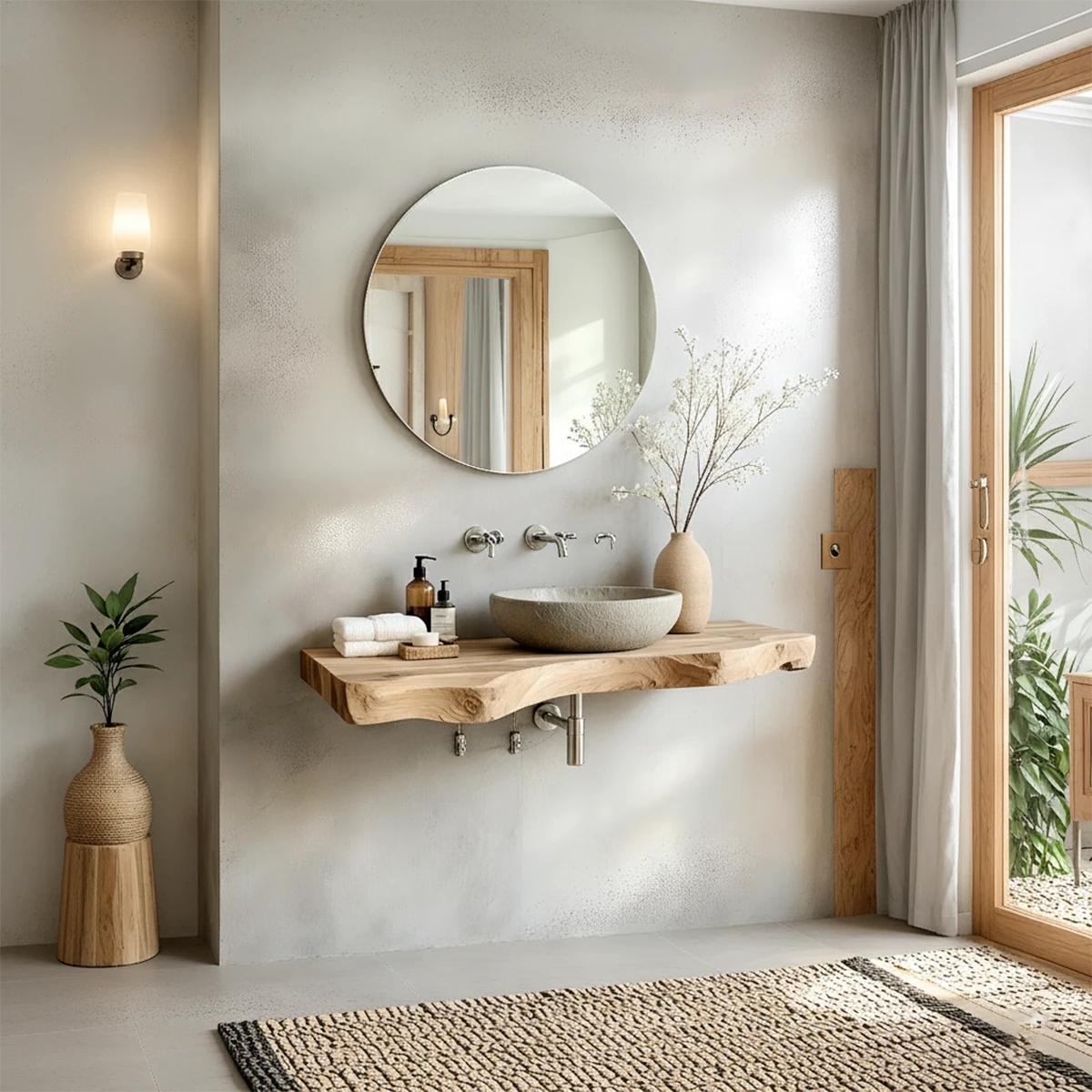 Live Edge Solid Wood Bathroom Vanity – Japandi Floating Sink Shelf - Rustira