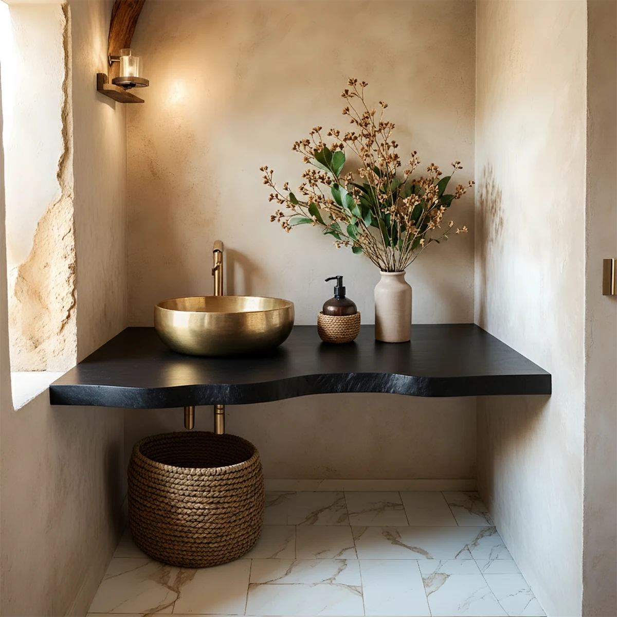 Live Edge Solid Wood Bathroom Vanity Shelf – Custom Floating Slab - Rustira