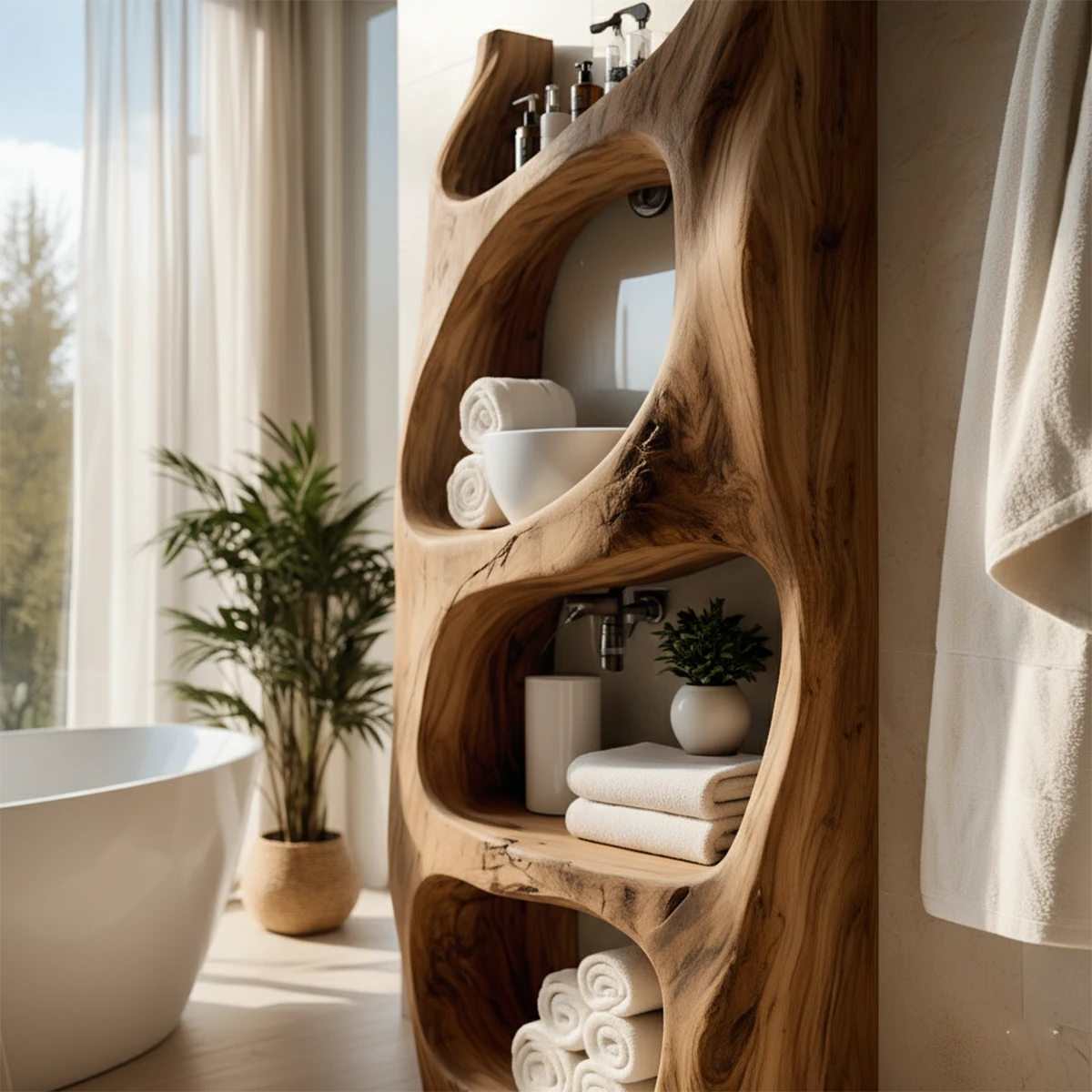 Organic Live Edge Solid Wood Bathroom Shelf Tower – Sculptural Storage - Rustira