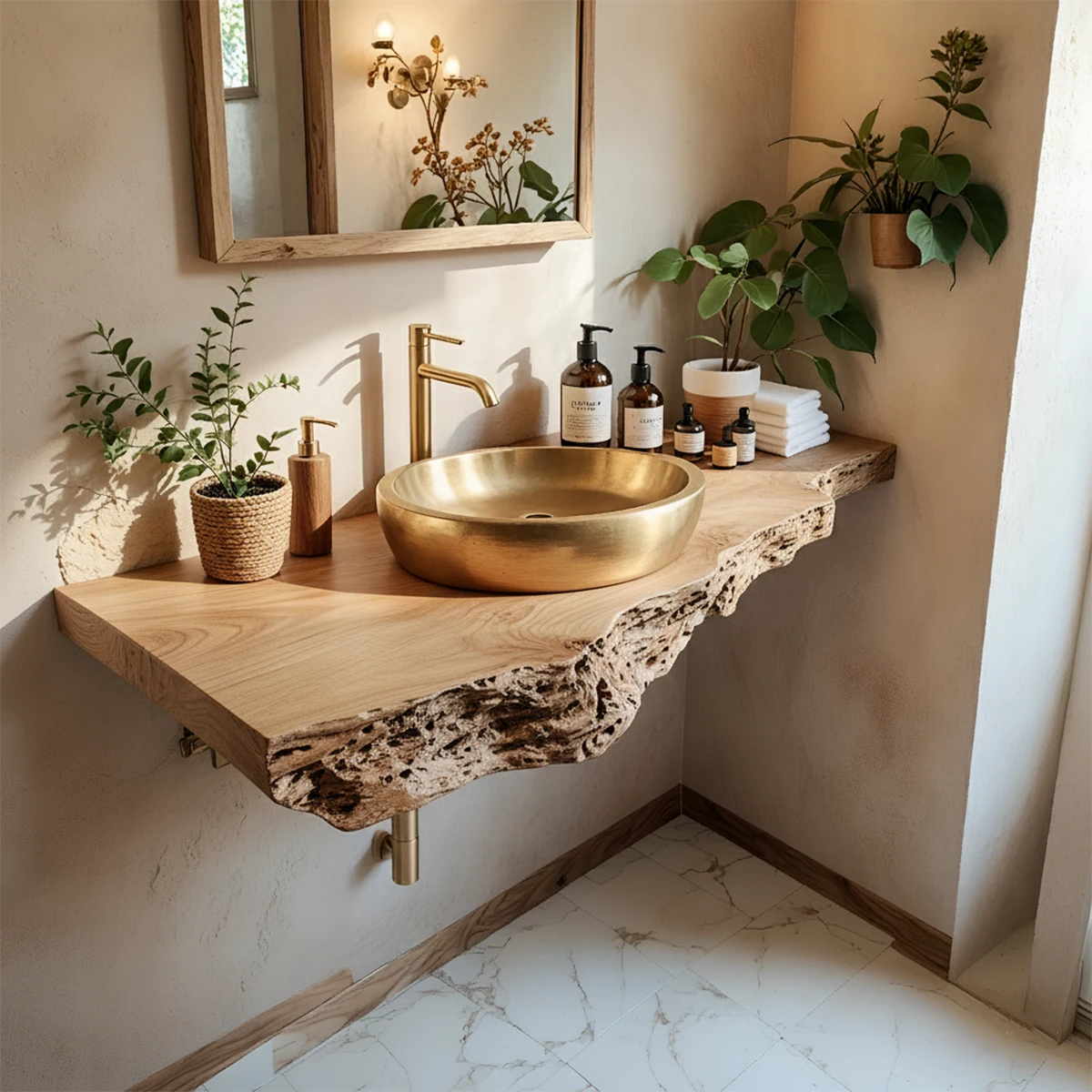 Live Edge Solid Wood Bathroom Vanity Shelf | Organic Natural Design - Rustira