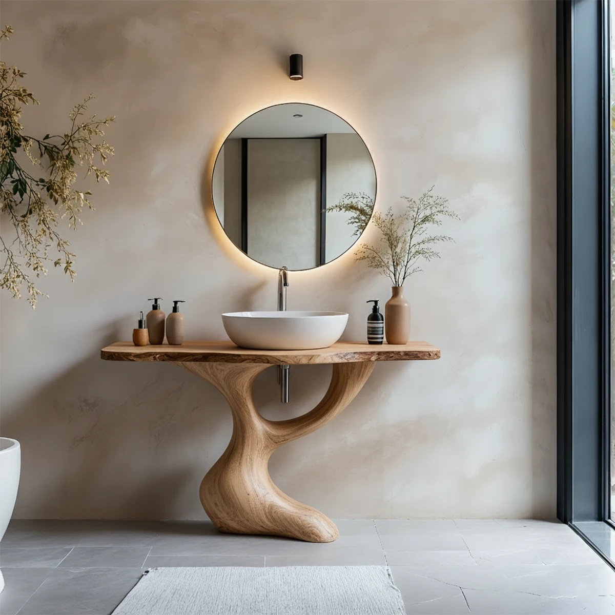 Sculptural Pedestal Wood Vanity – Organic Modern Bathroom Sink Table - Rustira