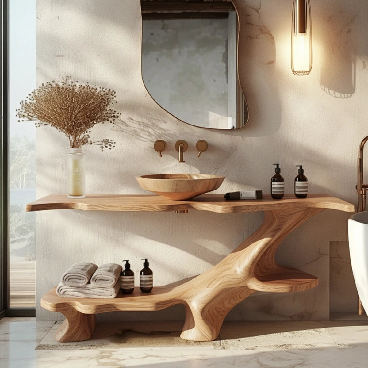 Organic Solid Wood Bathroom Vanity With Sculptural Base & Shelf - Rustira