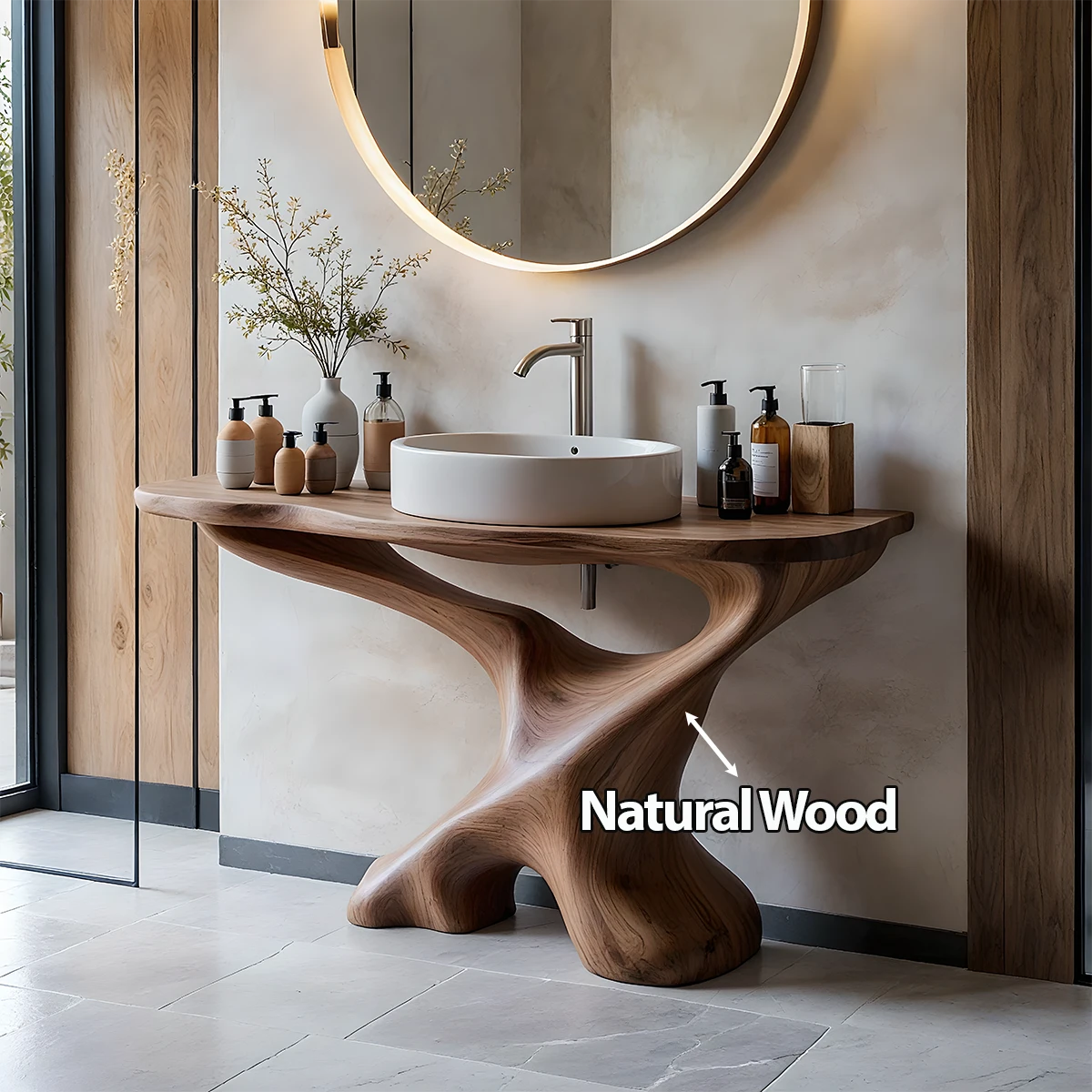 Sculptural Solid Wood Pedestal Vanity – Organic Modern Bathroom Sink Stand - Rustira