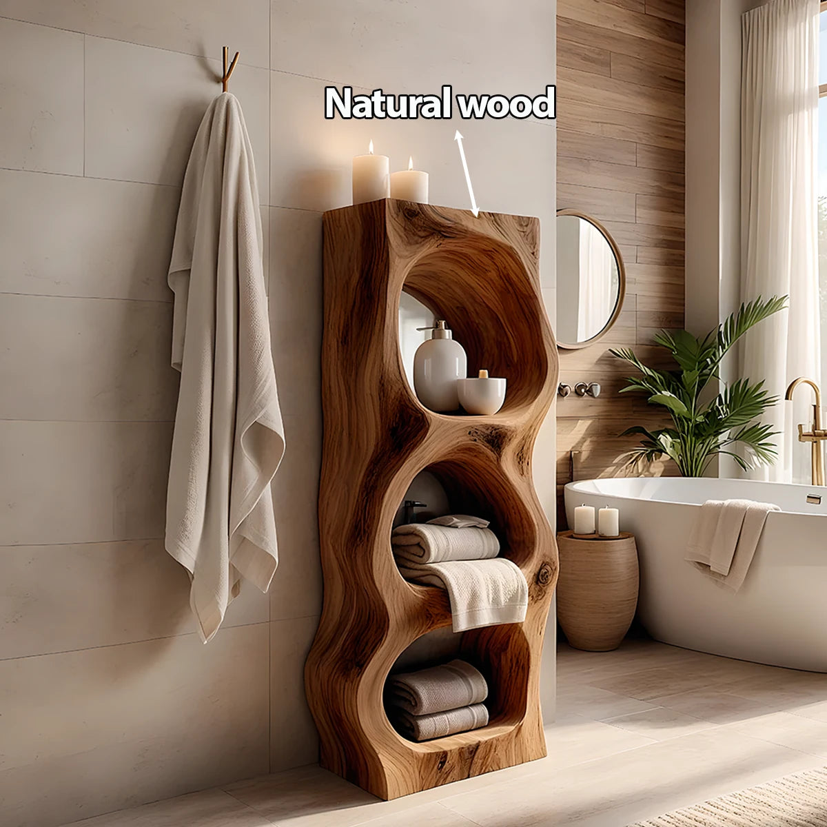 Live Edge Solid Wood Bathroom Storage Tower – Organic Carved Design - Rustira