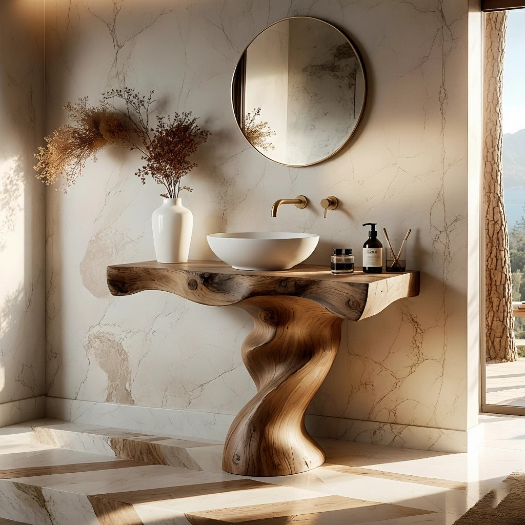 Handcrafted Live Edge Vanity with Sculpted Twisted Wood Base - Rustira