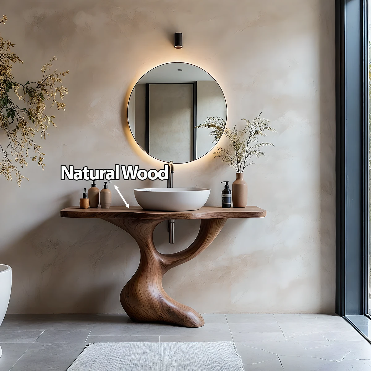 Sculptural Pedestal Wood Vanity – Organic Modern Bathroom Sink Table - Rustira