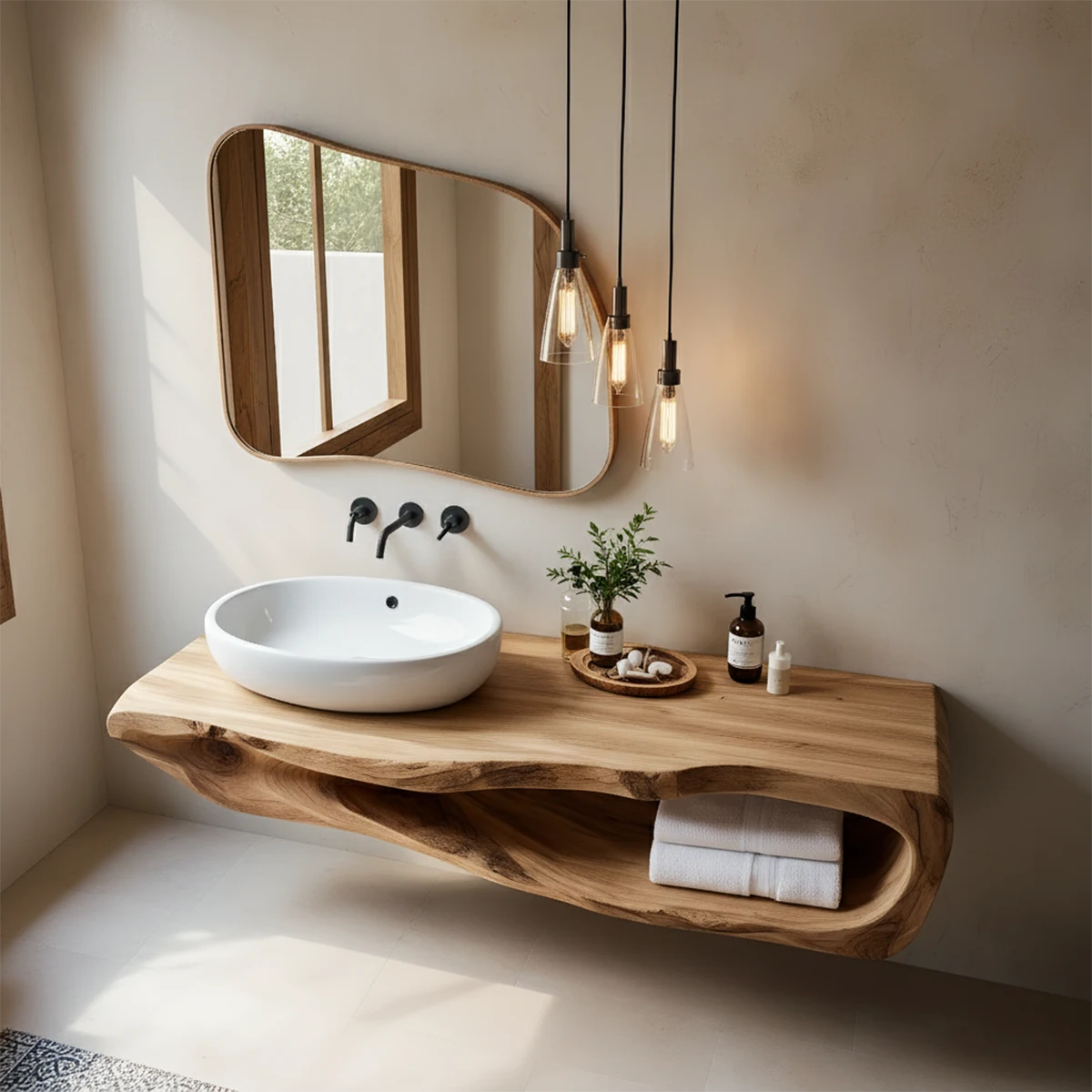 Organic Solid Wood Floating Bathroom Vanity With Open Shelf - Rustira