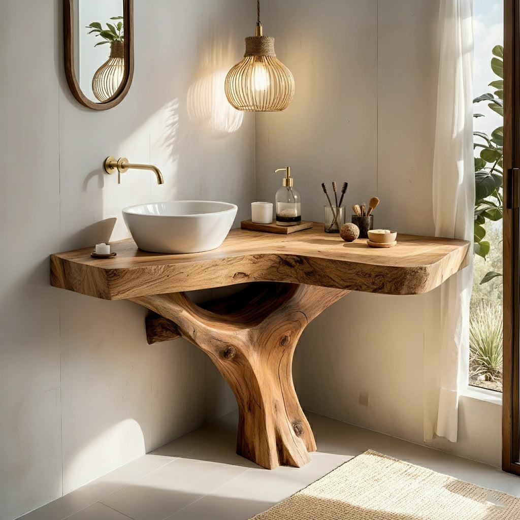 Organic Live Edge Bathroom Vanity With Sculpted Tree-Form Base - Rustira