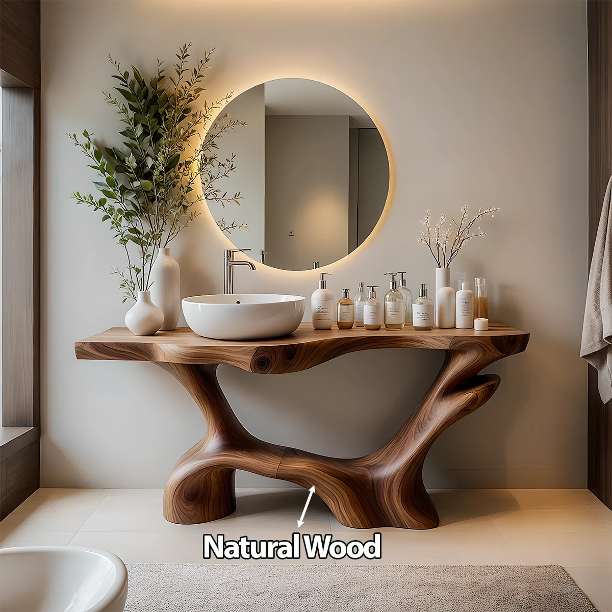 Double-Sculpted Wood Pedestal Vanity – Organic Modern Bathroom Sink Table - Rustira