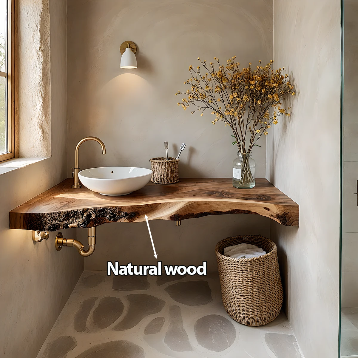 Rustic Live Edge Floating Wood Bathroom Vanity Shelf – Handcrafted - Rustira