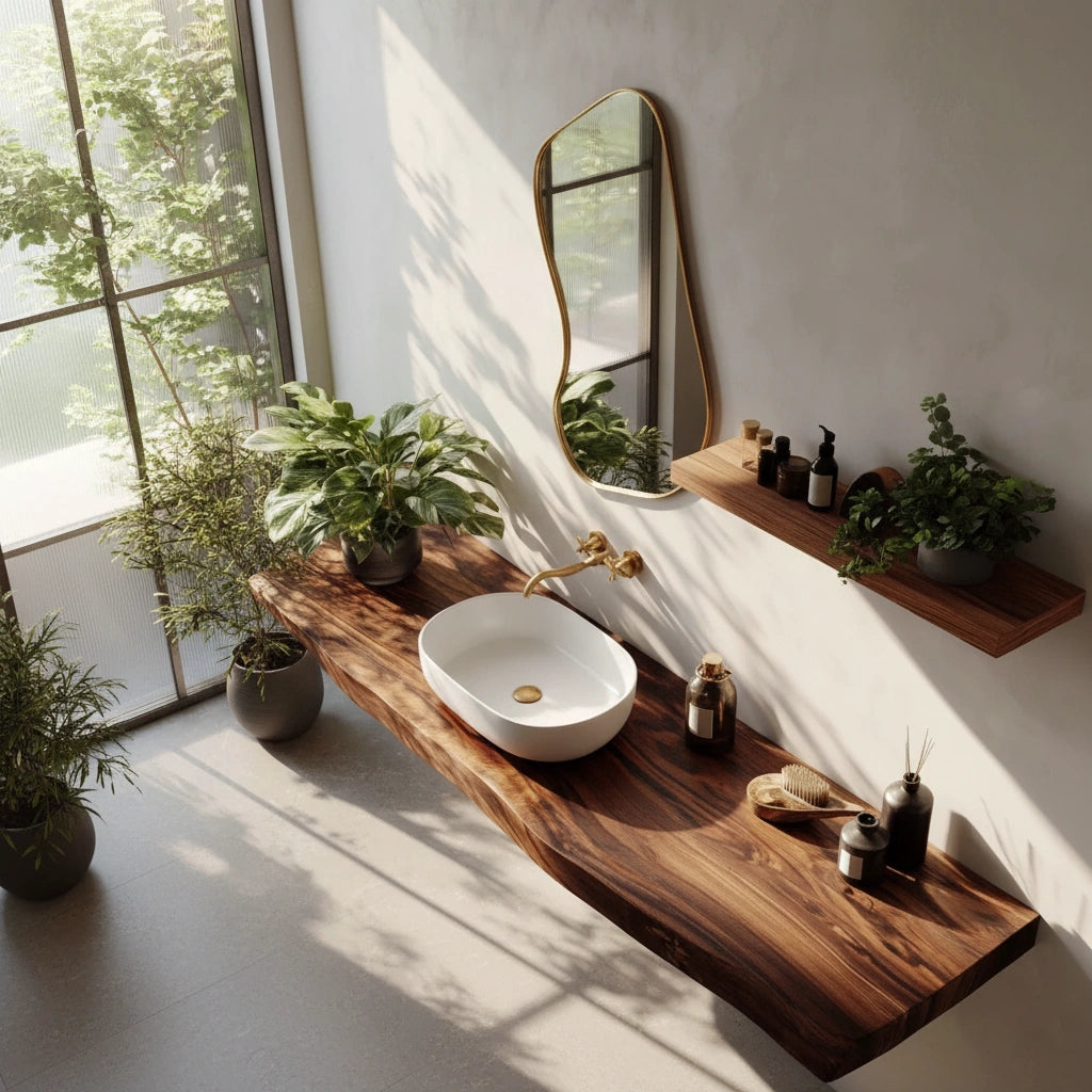 Farmhouse Solid Wood Live Edge Bathroom Vanity with Floating Shelf - Rustira