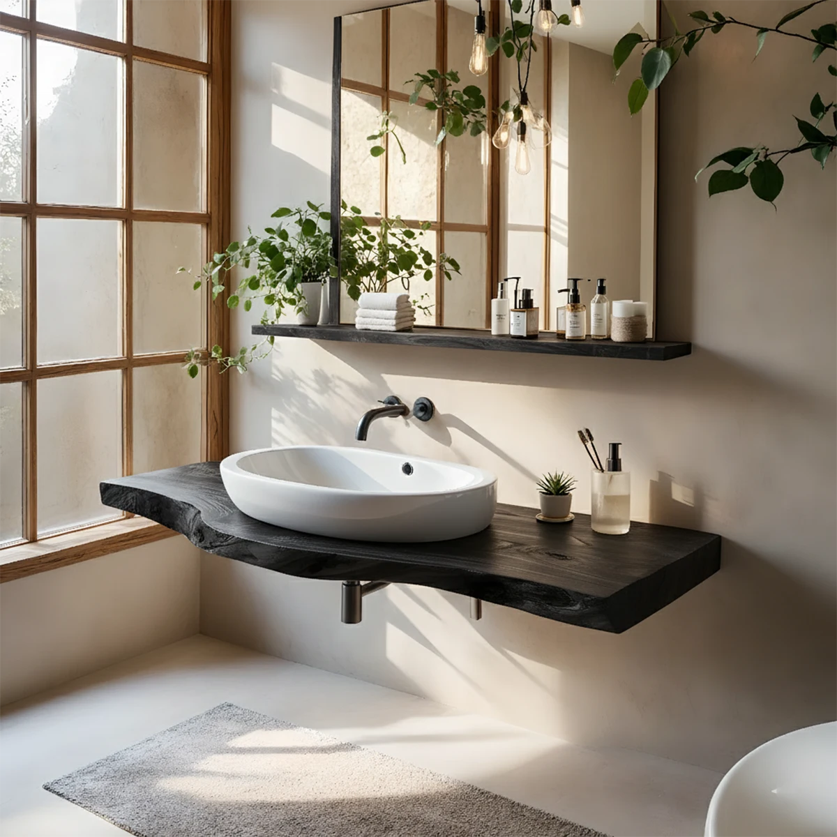 Live Edge Floating Wood Bathroom Vanity Shelf – Natural Solid Wood - Rustira