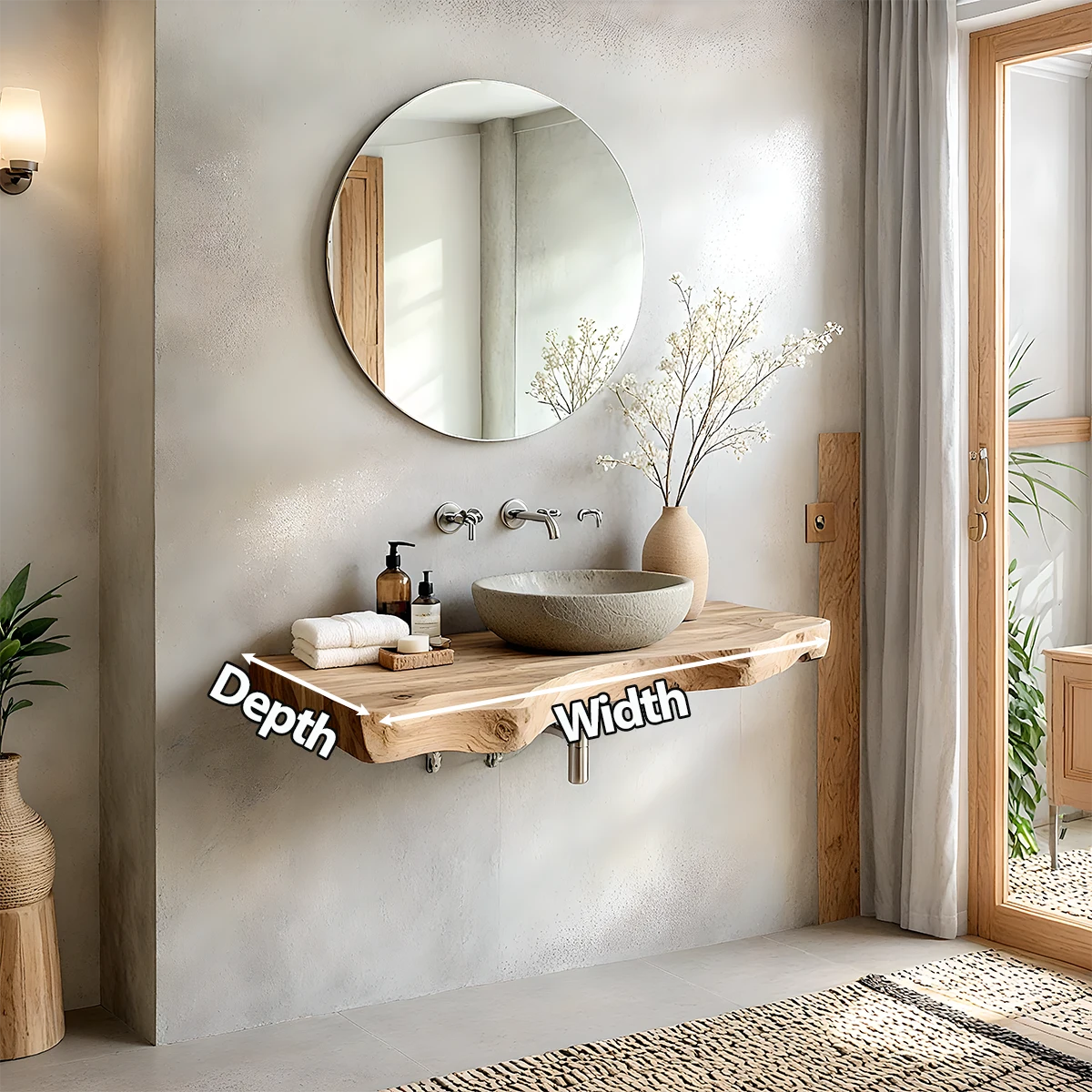 Live Edge Solid Wood Bathroom Vanity – Japandi Floating Sink Shelf - Rustira