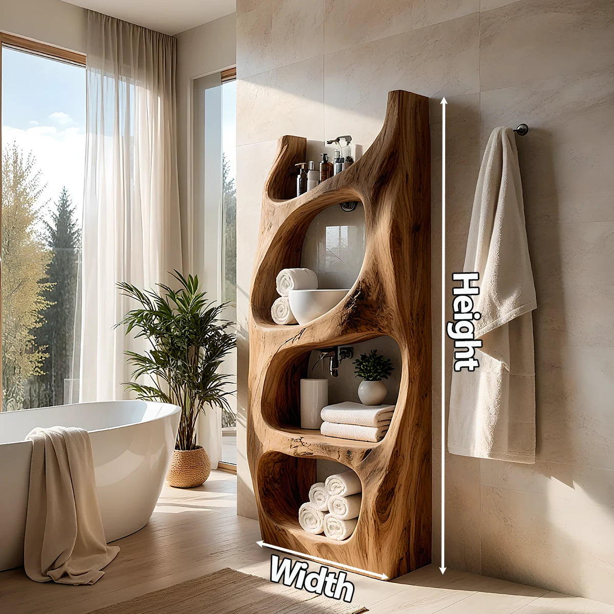 Organic Live Edge Solid Wood Bathroom Shelf Tower – Sculptural Storage - Rustira