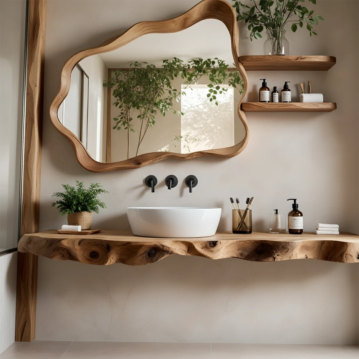 Live Edge Floating Wood Bathroom Vanity with Organic Mirror Frame - Rustira