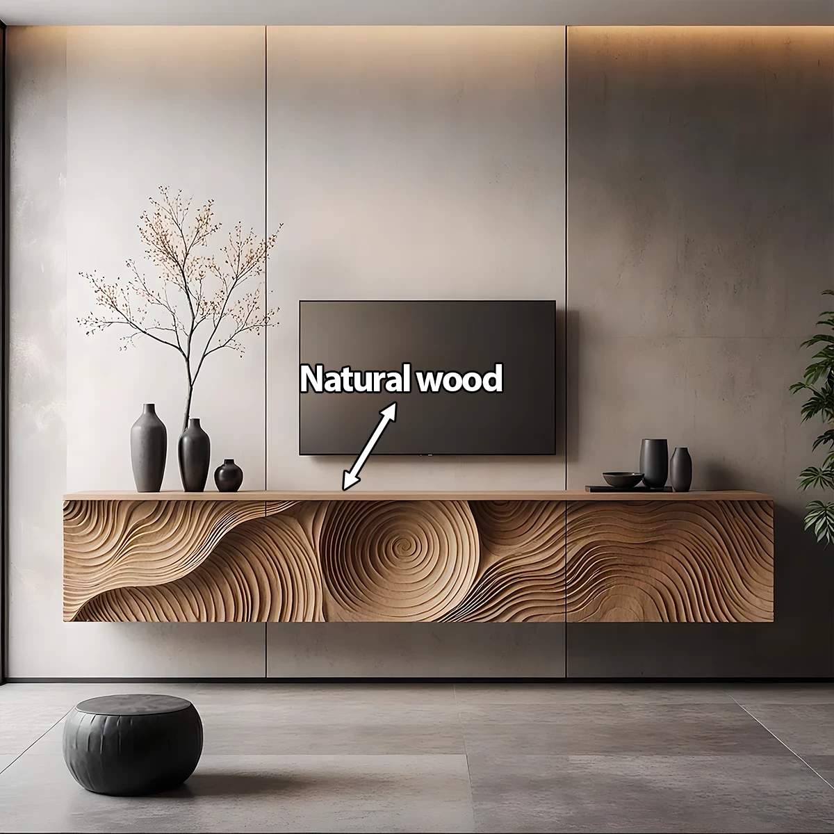 Art-Carved Solid Wood Floating TV Console – Modern Wave Texture Design - Rustira