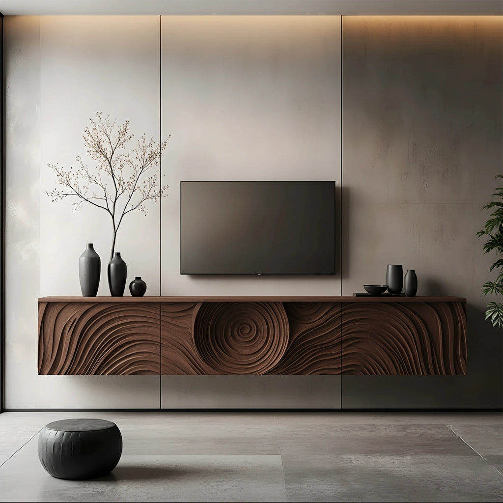 Art-Carved Solid Wood Floating TV Console – Modern Wave Texture Design - Rustira