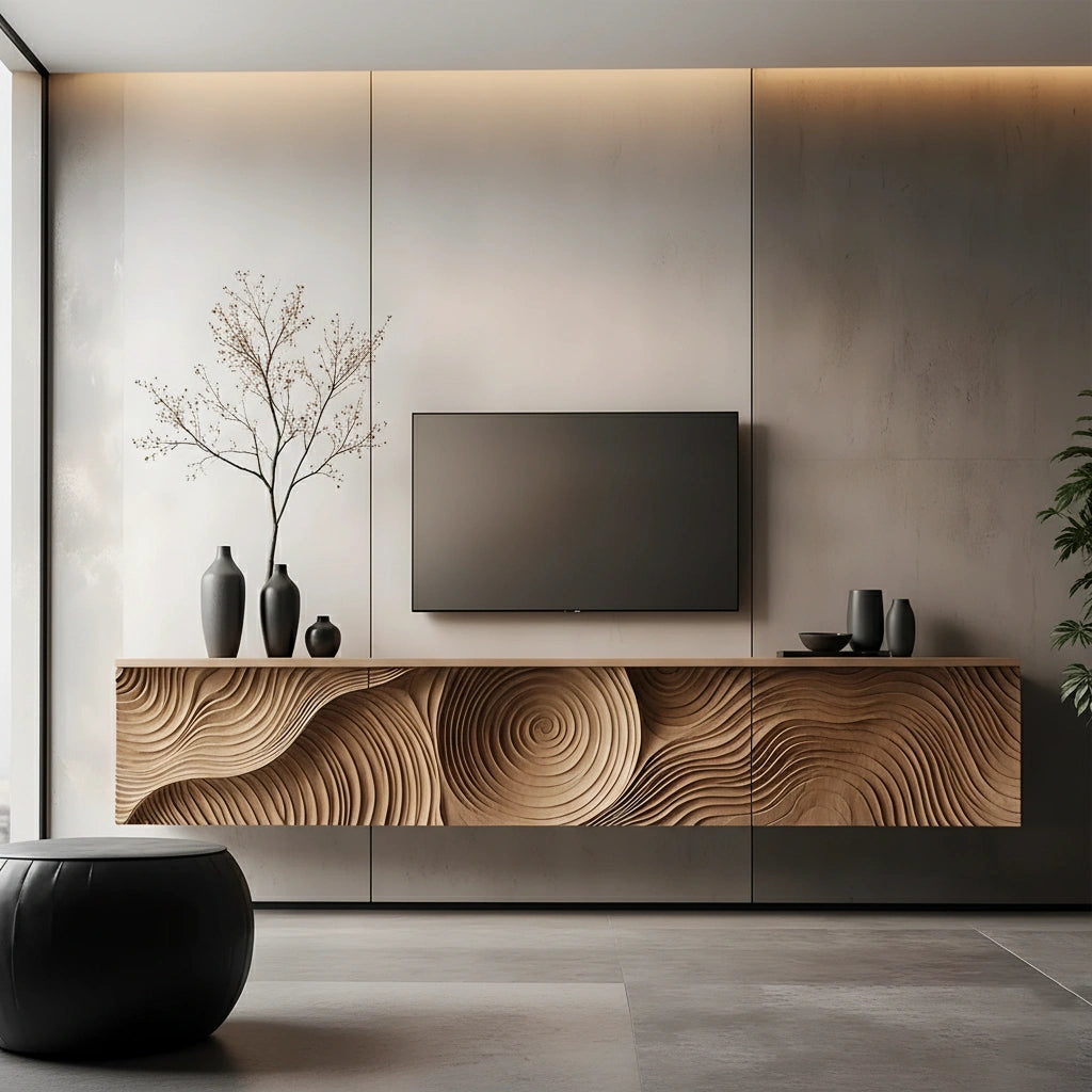 Art-Carved Solid Wood Floating TV Console – Modern Wave Texture Design - Rustira