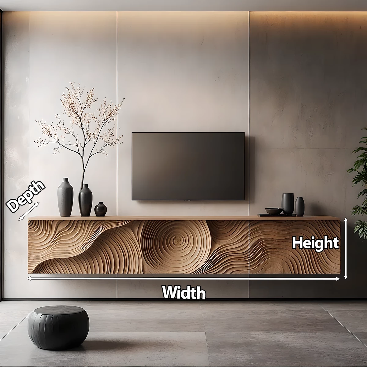 Art-Carved Solid Wood Floating TV Console – Modern Wave Texture Design - Rustira