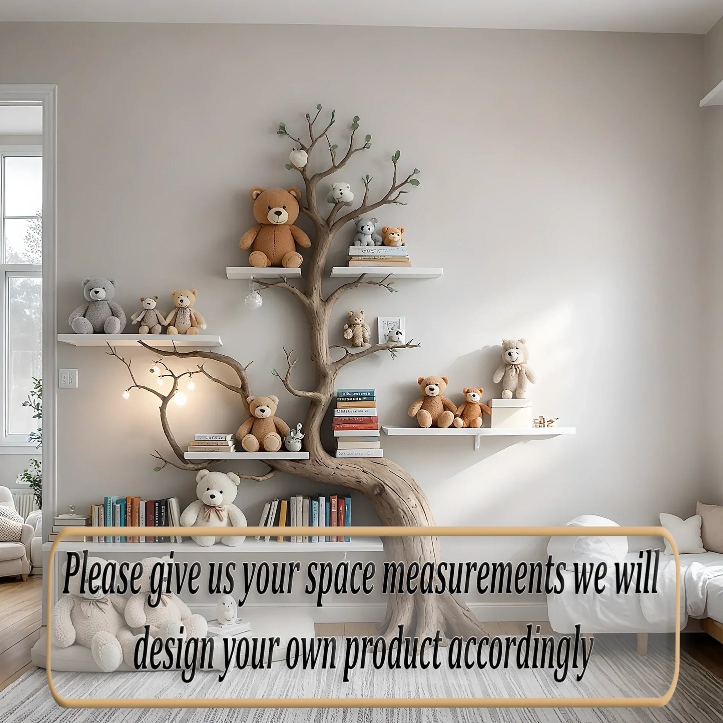 Artistic wall-mounted bookshelf for children - Unique design made of solid wood, toy storage shelf for children.