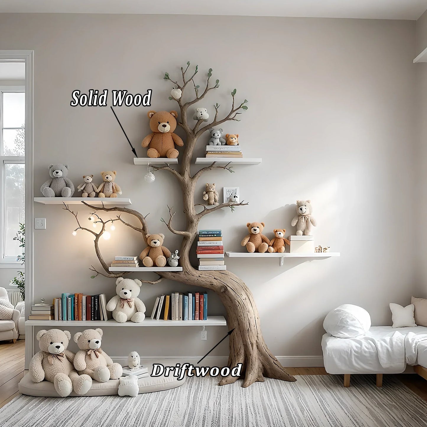 Artistic wall-mounted bookshelf for children - Unique design made of solid wood, toy storage shelf for children.