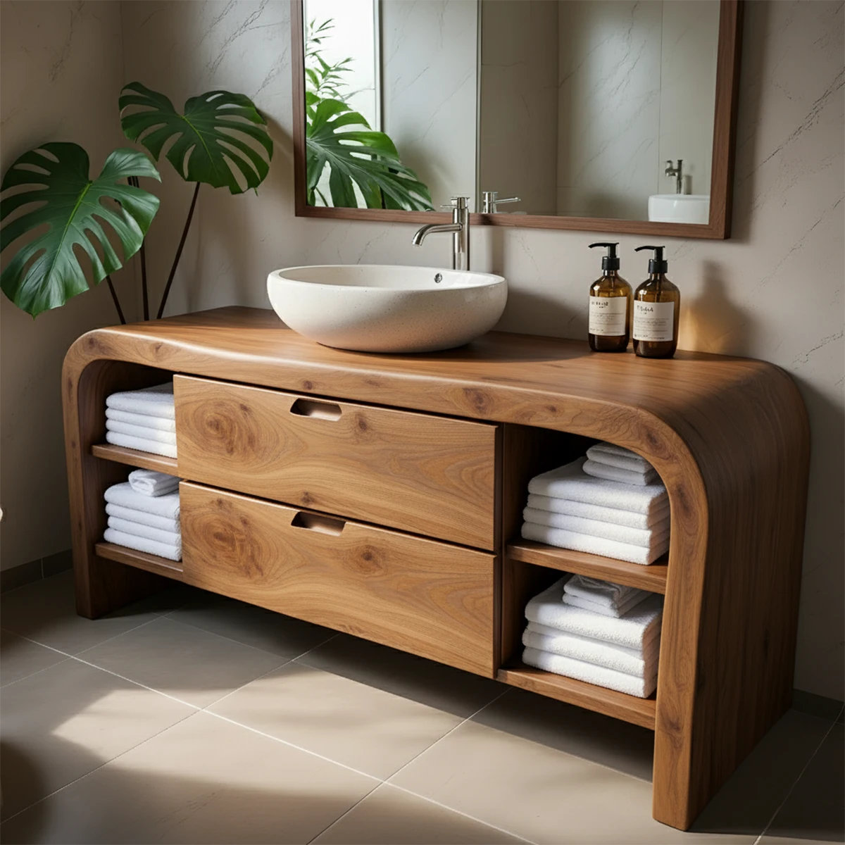Aurora Bathroom Vanity – Natural Solid Wood Modern - Rustira
