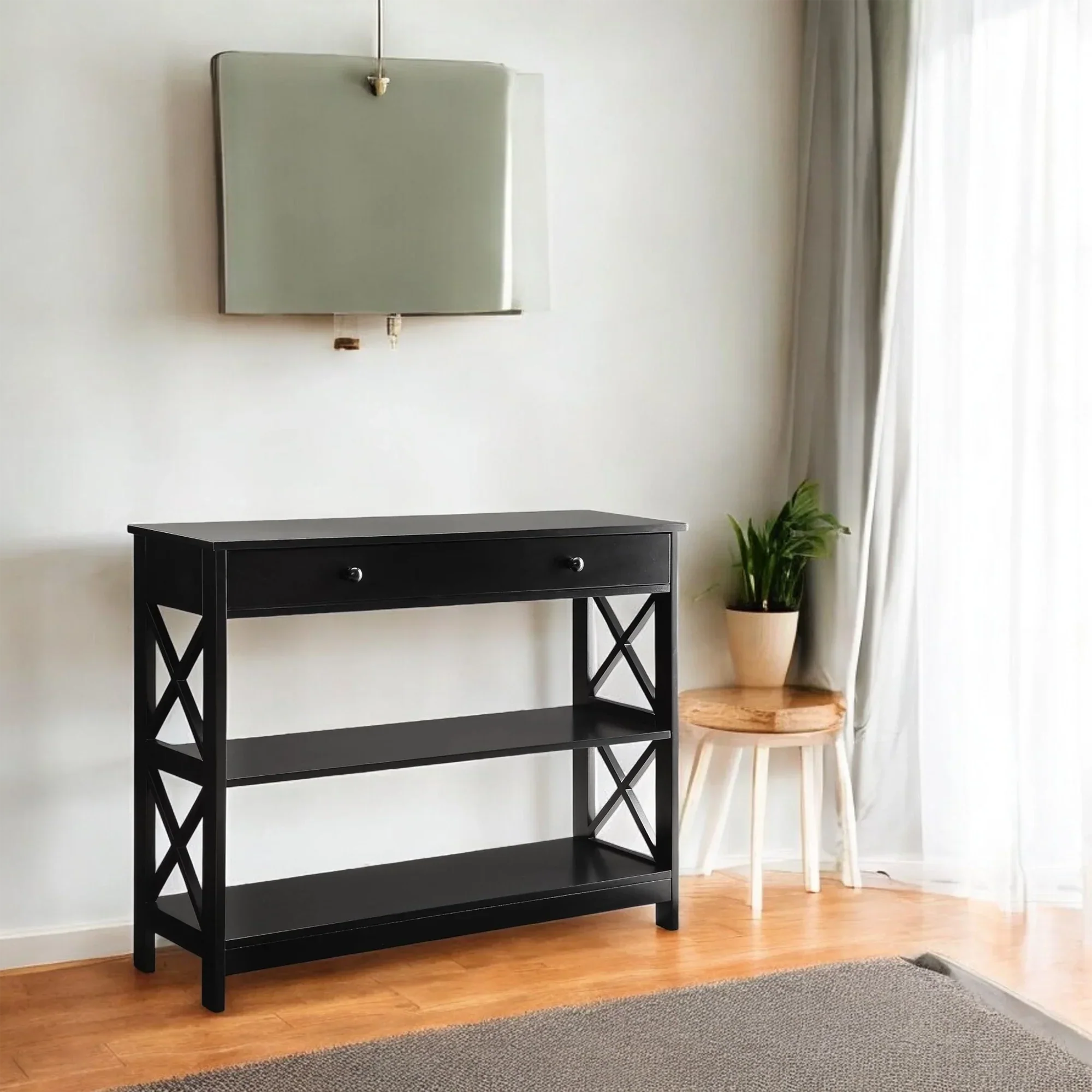 Black Console Table with Drawer and Open Shelves – Elegant Accent