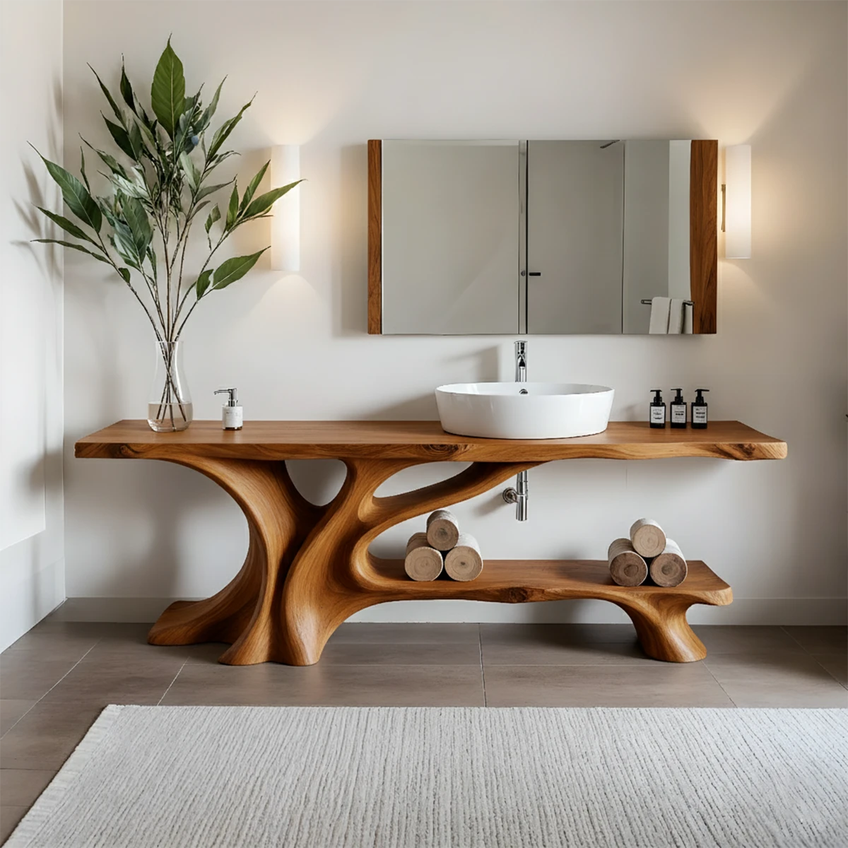 Branch Form Solid Wood Vanity with Flowing Organic Structure - Rustira