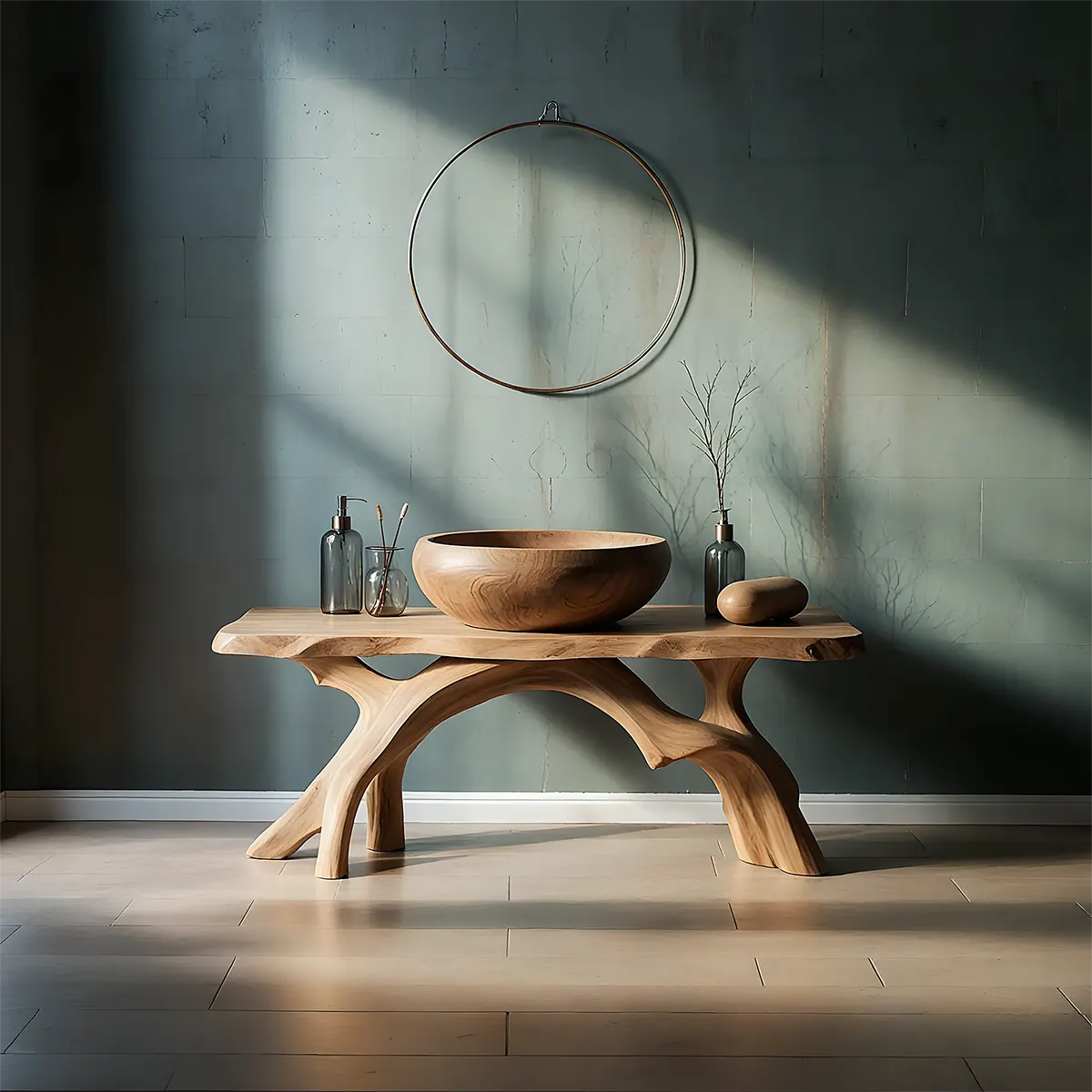 BranchArc Vanity – Sculpted Solid Wood Bathroom Console - Rustira