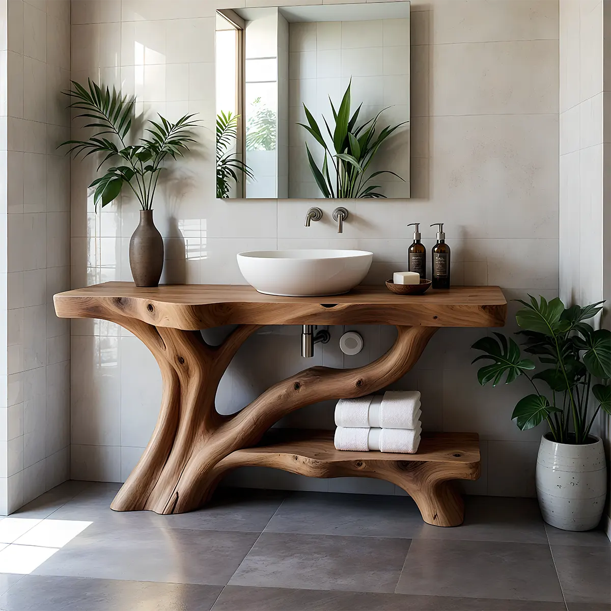 Organic Tree-Inspired Live Edge Solid Wood Bathroom Vanity - Rustira