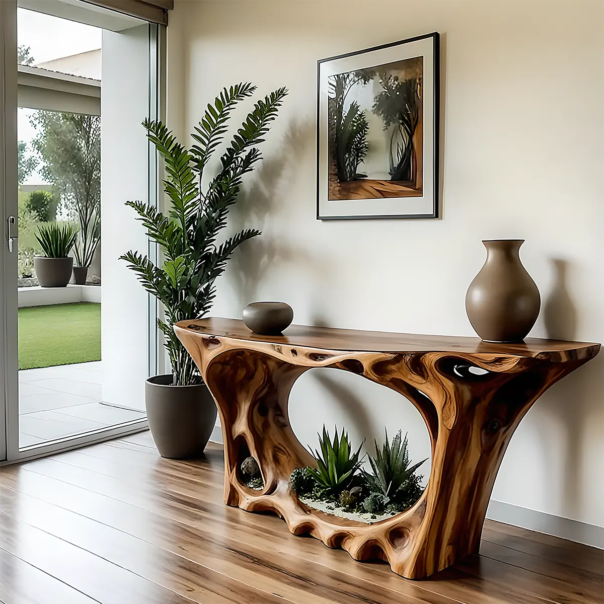 Carved Root Walnut Console Table – Organic Wood Design - Rustira
