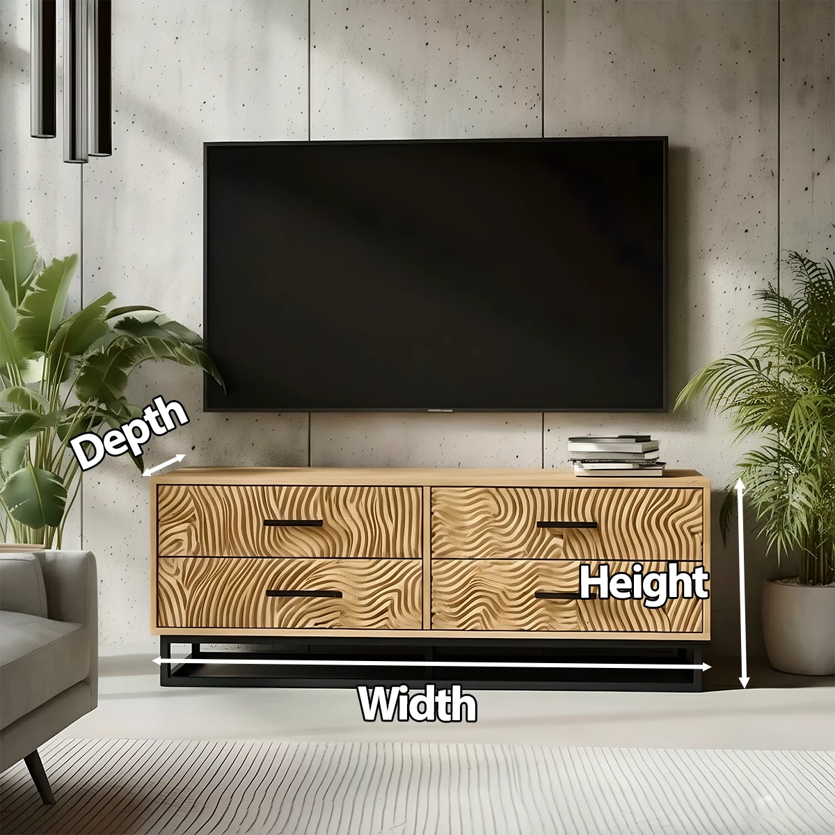 Carved Solid Wood TV Stand – Modern Textured Media Console with Metal Base - Rustira