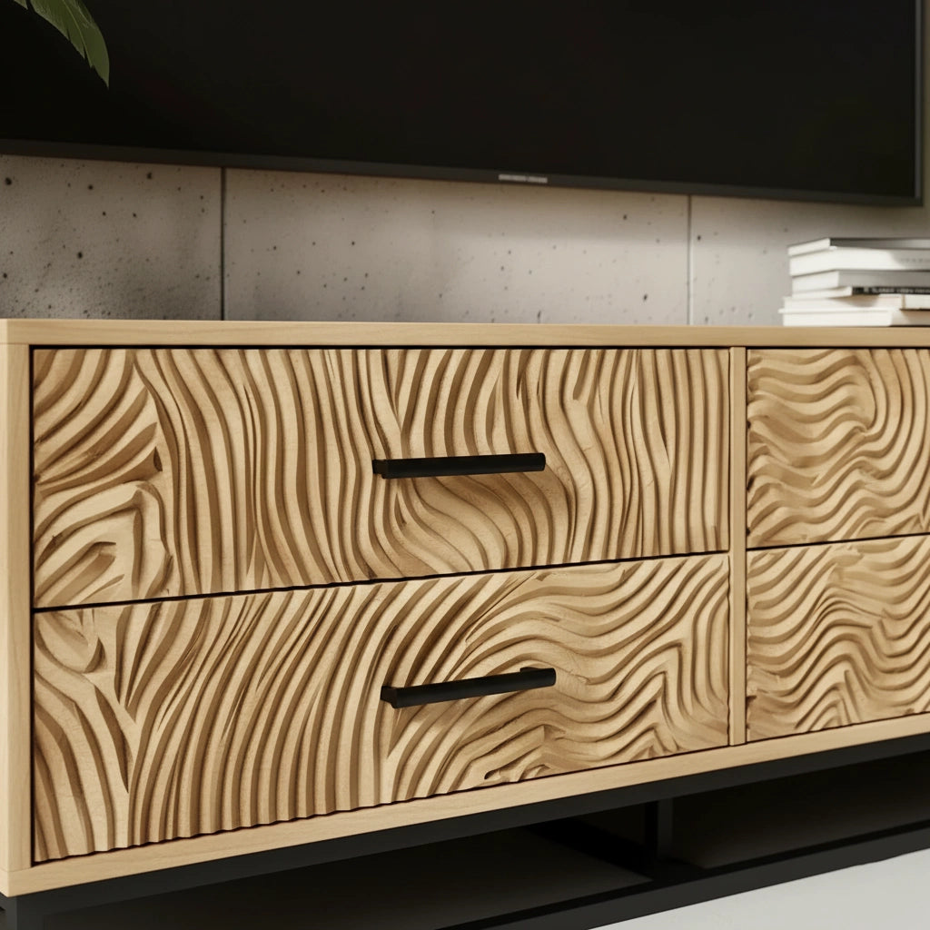 Carved Solid Wood TV Stand – Modern Textured Media Console with Metal Base - Rustira