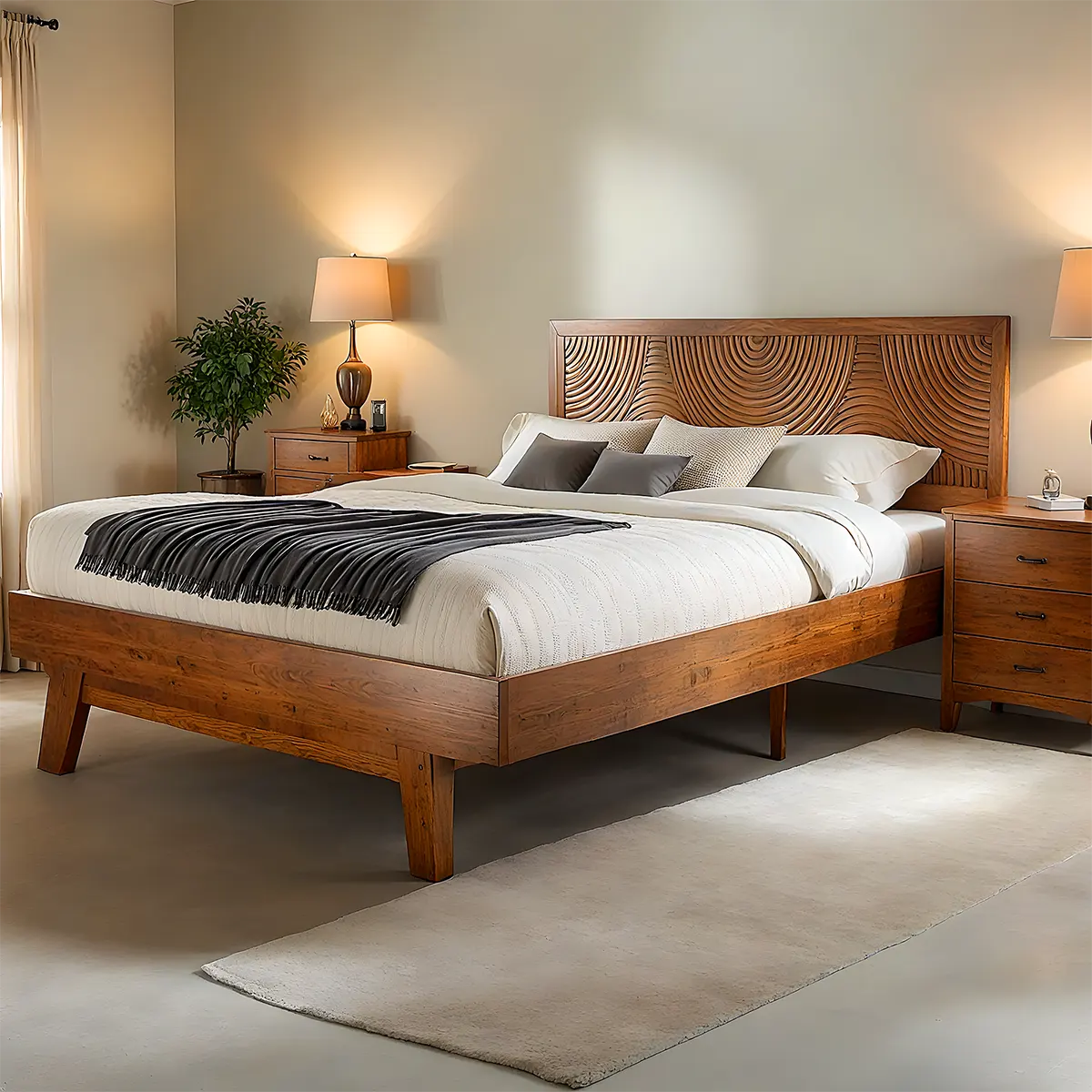 Carved Wooden Bed with Round Pattern – Luxurious & Bold Design - Rustira