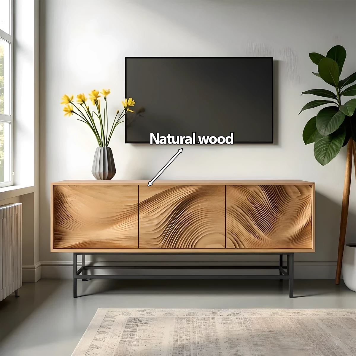 Contemporary Wave-Carved Solid Wood TV Console – Light Oak Minimalist Design - Rustira