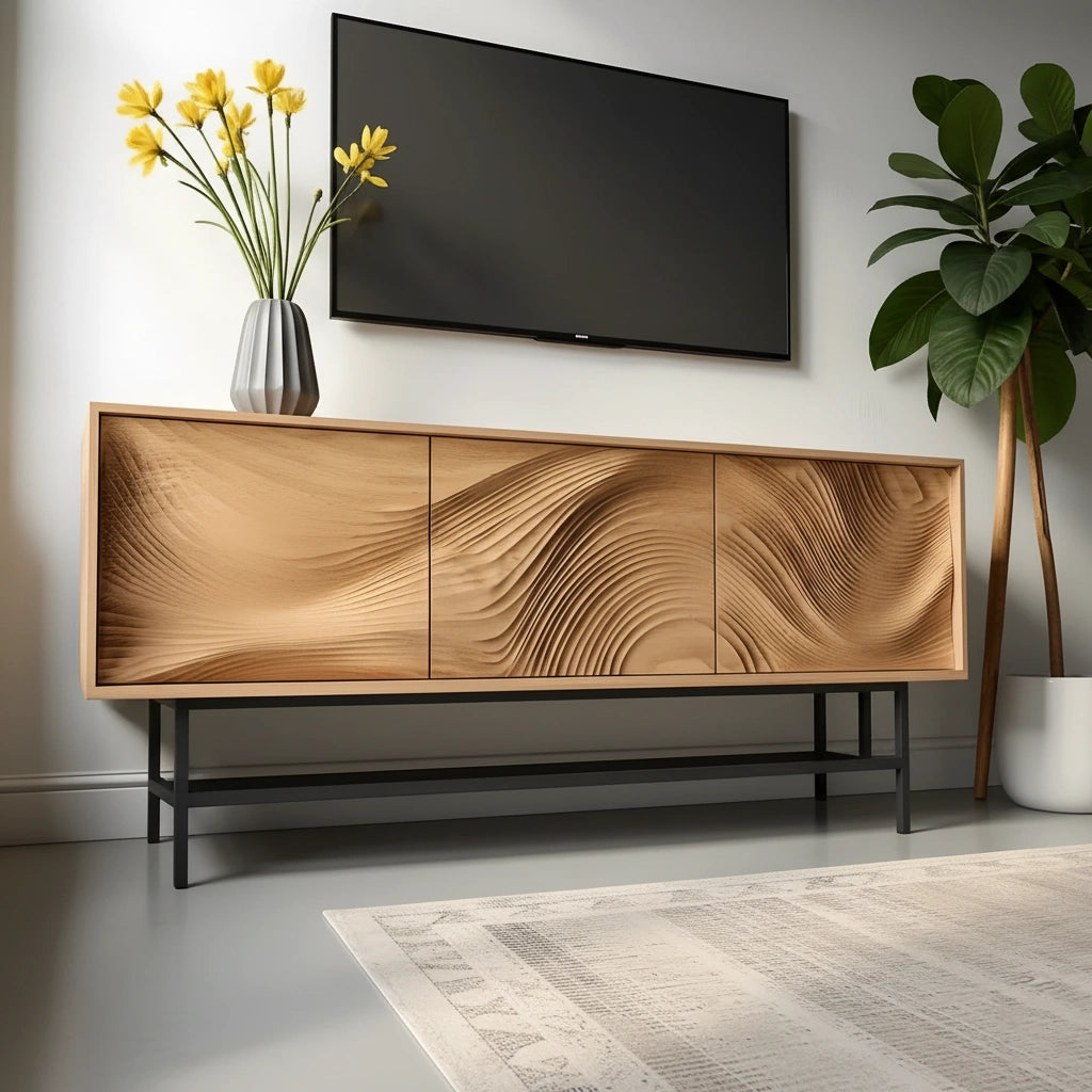 Contemporary Wave-Carved Solid Wood TV Console – Light Oak Minimalist Design - Rustira