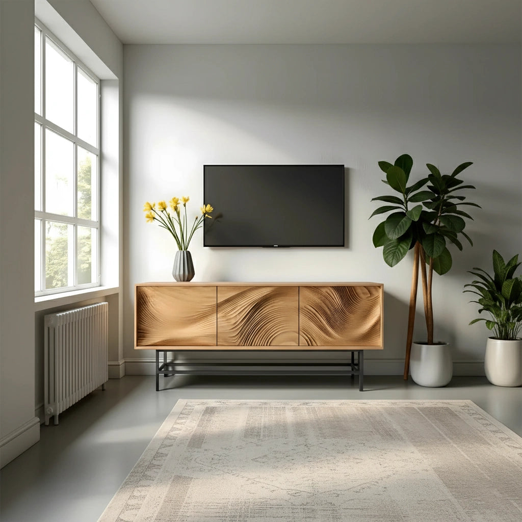 Contemporary Wave-Carved Solid Wood TV Console – Light Oak Minimalist Design - Rustira