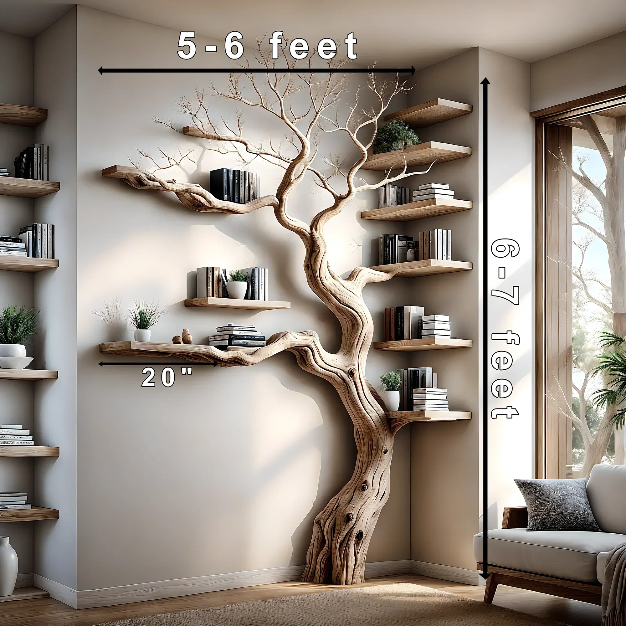 Solid perennial wood bookshelf, floating shelf, tree-shaped bookshelf