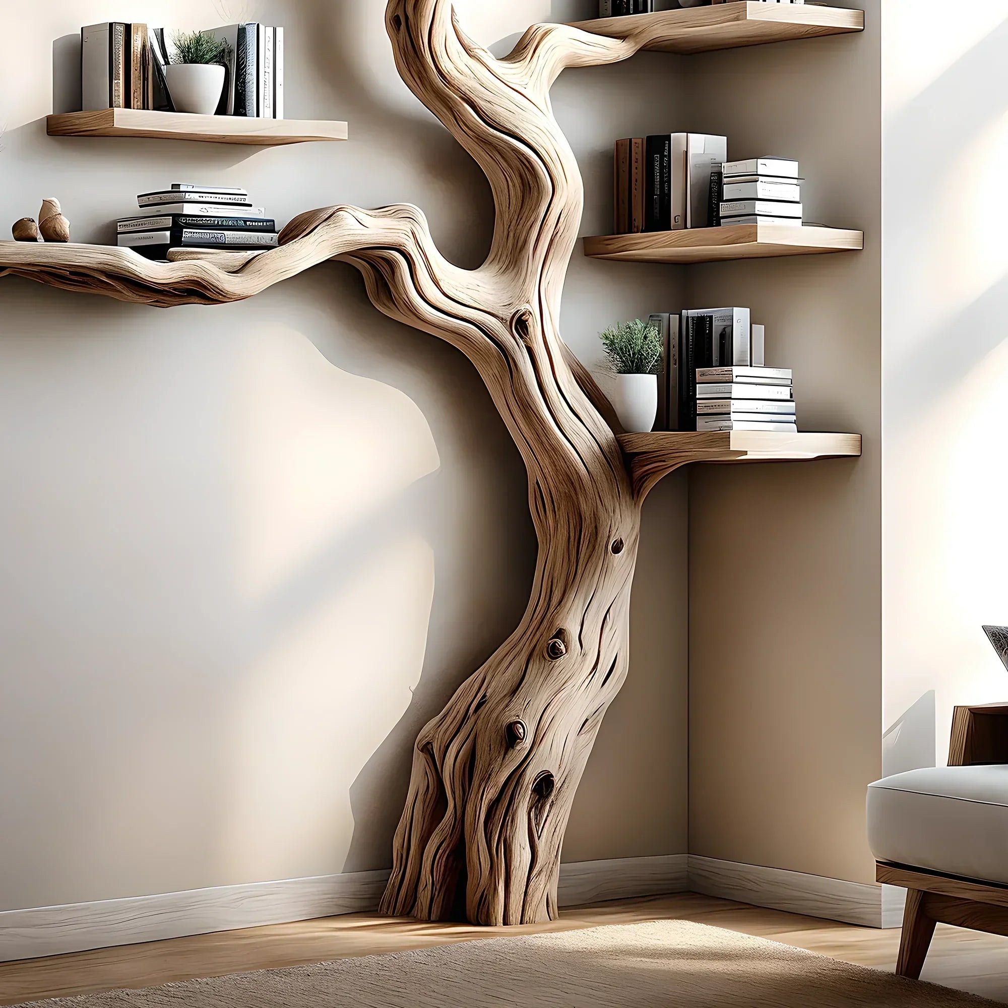 Solid perennial wood bookshelf, floating shelf, tree-shaped bookshelf