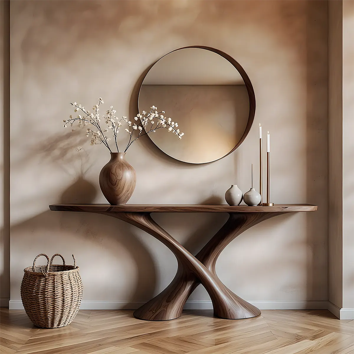 Cross Wave Walnut Console Table – Sculptural Wood Art - Rustira