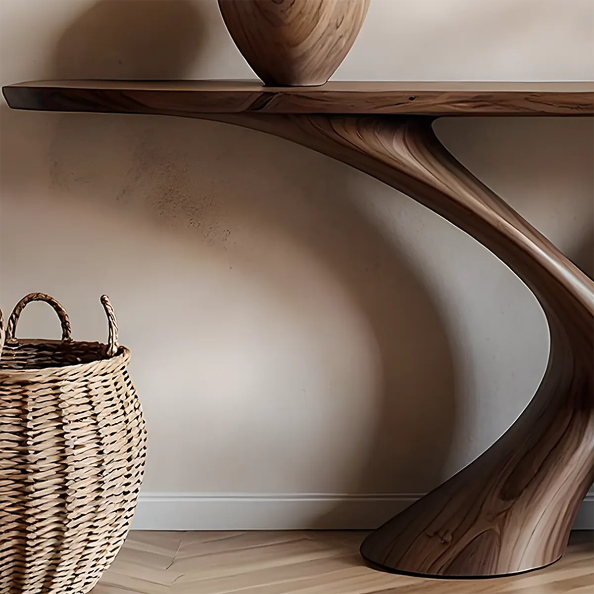 Cross Wave Walnut Console Table – Sculptural Wood Art - Rustira