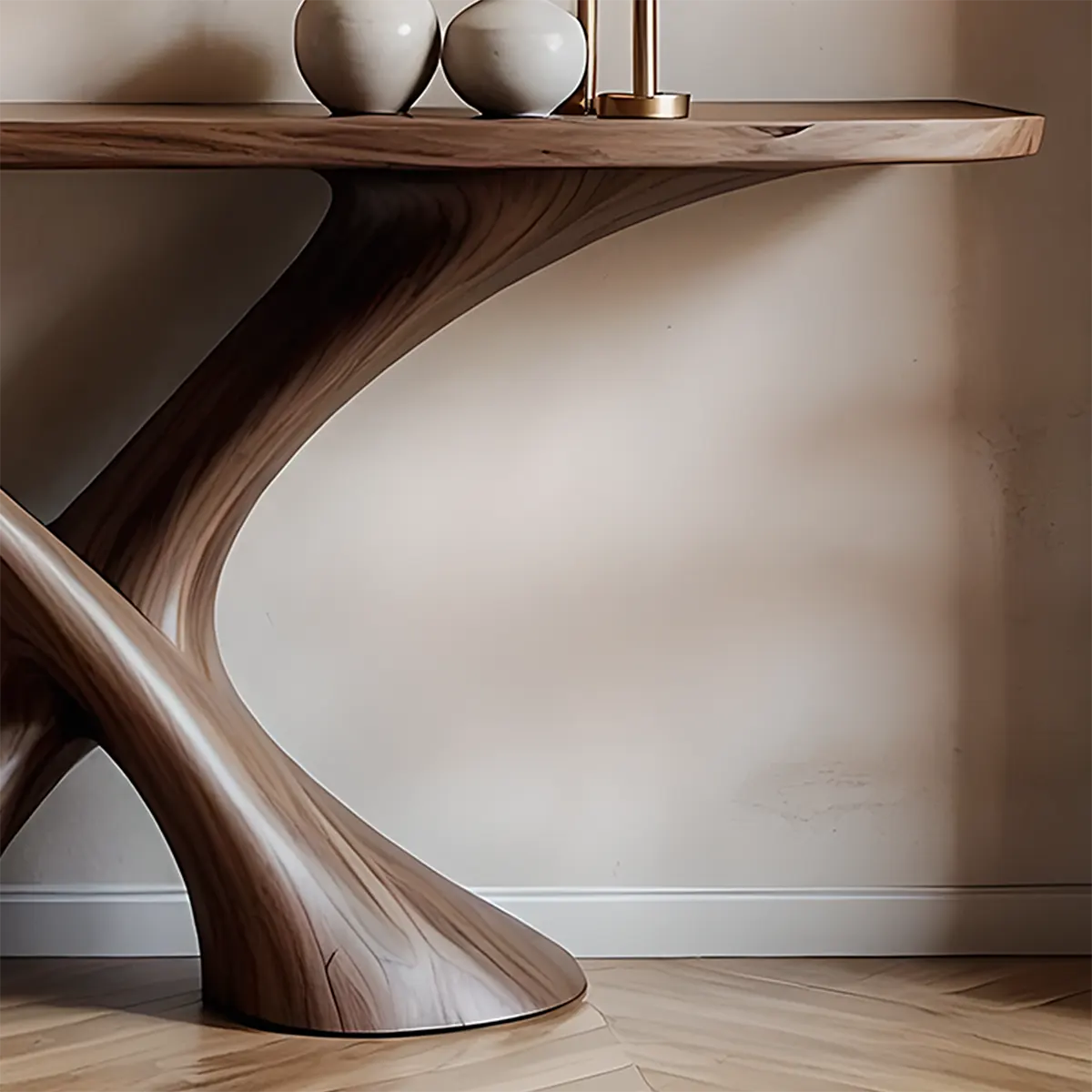 Cross Wave Walnut Console Table – Sculptural Wood Art - Rustira